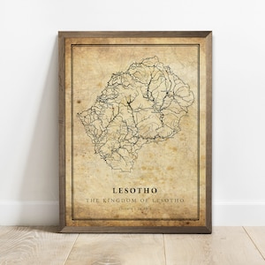 Lesotho vintage kaart poster print, land straat wegenkaart kunst aan de muur, landkaart, landkaart, C15-71
