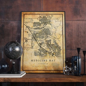 Medicine Hat Vintage Map Poster Wall Art | City Artwork Print | Antique, rustic, old style Home Decor | Alberta prints gift | M394