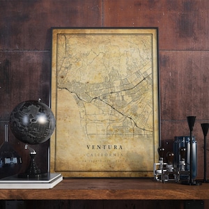 Póster de mapa vintage de Ventura, arte mural, impresión de arte urbano, decoración del hogar antigua, rústica y de estilo antiguo, impresiones de California, regalo, VM270