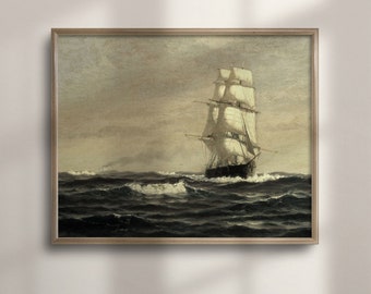 Antique Seascape Oil Painting: Moody Coastal Ship Wall Art