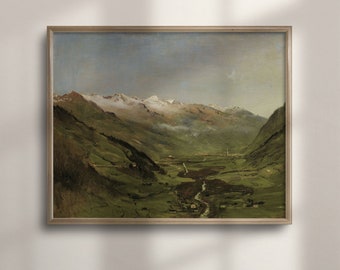 Antique Mountain Landscape Painting: Muted Green Rustic Cabin Art