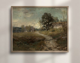 Vintage Farmhouse Landscape Art: Rustic Countryside Oil Painting Poster