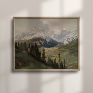 Vintage Mountain Landscape Painting: Rustic Cabin Decor Wall Art