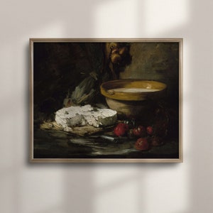 Vintage Cottage Still Life Painting, Bowl of Milk and Cheese Art, Kitchen Decor, Farmhouse Wall Art, Pottery Painting, C16-628