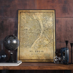Póster de mapa vintage de San Luis, arte mural, impresión de arte urbano, decoración rústica y antigua para el hogar, regalo de impresiones de Misuri, VM61