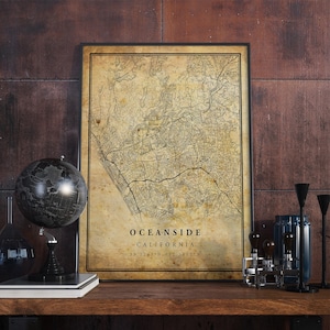 Póster de mapa vintage de Oceanside, arte de pared, impresión de arte urbano, decoración del hogar antigua, rústica y de estilo antiguo, impresiones de California, regalo, VM141