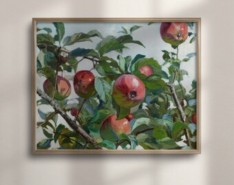 May include: A painting of a branch of an apple tree with red apples hanging from the branches. The leaves are green and the background is a light blue sky.