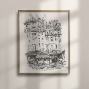 Vintage City Sketch Art, Minimalist Wall Decor, Antique Architecture Pencil Drawing, Neutral Decor, Vintage Wall Art, C16-1089