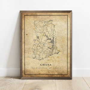 Ghana vintage kaart poster print, land straat wegenkaart kunst aan de muur, landkaart, land decor, C15-45