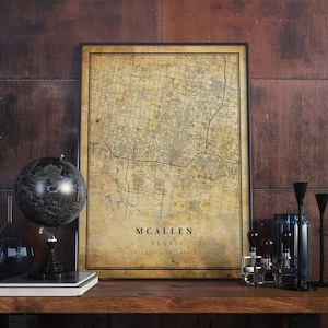 Póster de mapa vintage de McAllen, arte de pared, impresión de arte urbano, decoración del hogar antigua, rústica y de estilo antiguo, impresiones de Texas, regalo, VM184