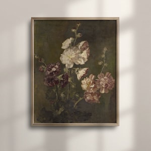 Stimmungsvolles Blumenkunstwerk, Vintage Blumenillustration, französisches Landhausdekor, dunkelgrünes botanisches Gemälde, antike Blumenkunst, C16-1107