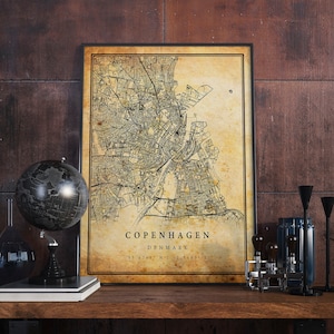 Kopenhagen Vintage Karte Poster Wandkunst | Stadt Kunstwerk Druck | Antike, rustikale, alte Wohnkultur | Dänemark druckt Geschenk | M568