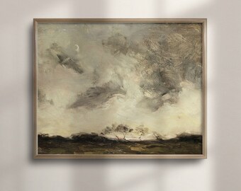 Vintage Country Meadow Oil Painting: Antique Farmhouse Landscape Art Print