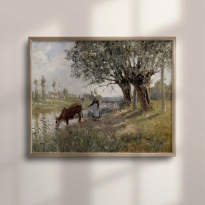 Vintage Cow Painting: Rustic Farmhouse Landscape Art