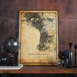 Thessaloniki Vintage Karte Poster Wandkunst | Stadt Kunstwerk Druck | Antike, rustikale, alte Wohnkultur | Griechenland druckt Geschenk | M645