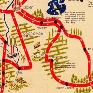 Puede incluir: Una l&iacute;nea roja con flechas se&ntilde;ala el camino a trav&eacute;s de un paisaje verde y marr&oacute;n. La l&iacute;nea pasa por varias ciudades, incluyendo Isigny, Vouilly, Briqueville, Epinay Tessan y Cerisy la Foret. El paisaje est&aacute; salpicado de &aacute;rboles, casas y otras caracter&iacute;sticas. El texto "More awards" est&aacute; escrito en negro sobre un fondo blanco.