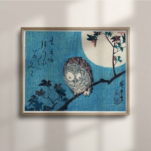 May include: A Japanese woodblock print depicting an owl perched on a branch with a full moon in the background. The owl is facing to the left and has its eyes closed. The print is in shades of blue, gray, and white.