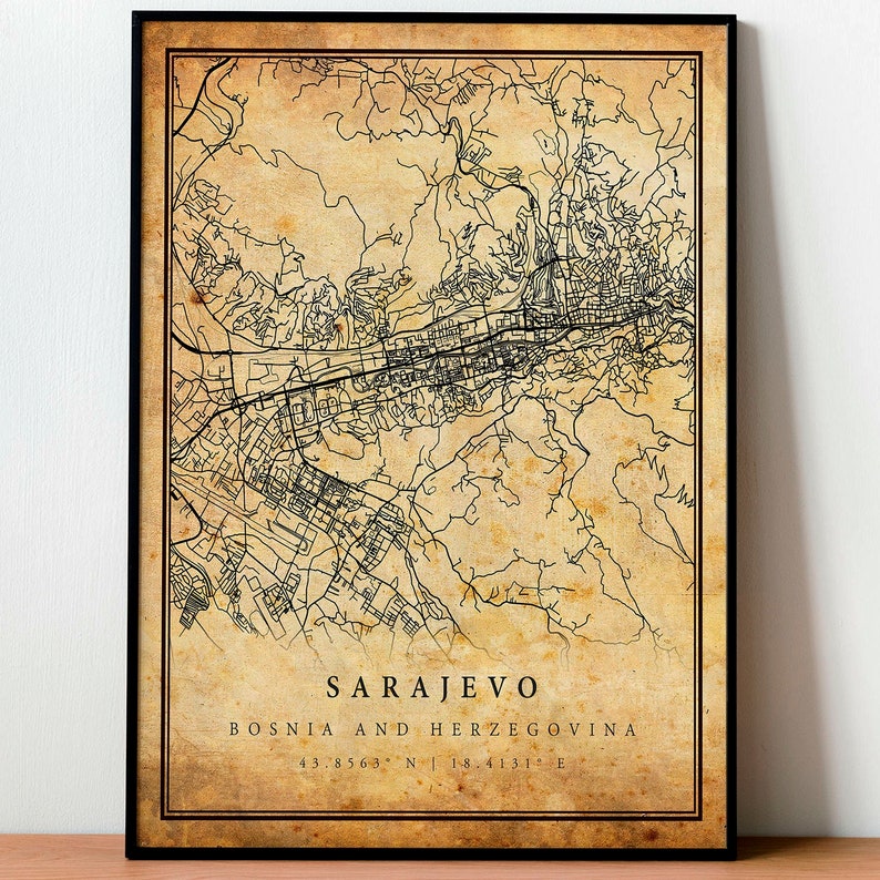 Sarajevo Vintage Map Poster Wall Art Detailed City Artwork Etsy