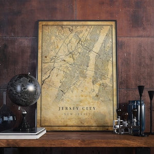 Póster de mapa vintage de Jersey City, arte mural, impresión de arte urbano, decoración del hogar antigua, rústica y de estilo antiguo, impresiones de Nueva Jersey, regalo, VM77