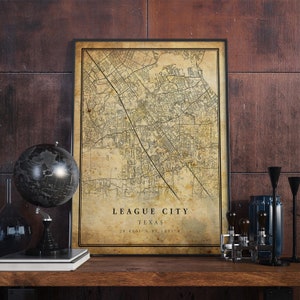 arte da parede do poster do mapa vintage da cidade da liga | Impressão de arte da cidade | Decoração de casa antiga, rústica e antiga | Texas imprime presente | VM297