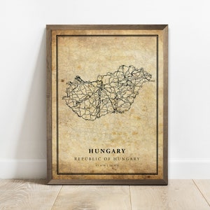 Hongarije vintage kaart poster print, land straat wegenkaart kunst aan de muur, land prenten, land poster, C15-53