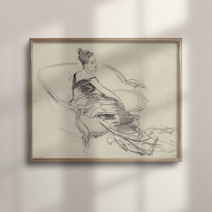 Vintage Skizze einer Frau, antike Kunstzeichnung, Schwarz-Weiß-Bleistift-Portrait, Bauernhaus-Wand-Dekor, Herbst-Landschafts-Kunstwerk, C16-668