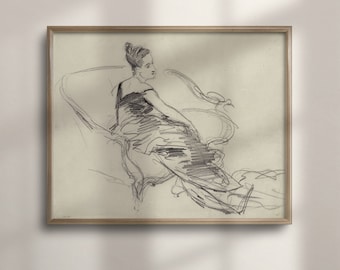 Vintage Woman Sketch: Antique Pencil Portrait, Farmhouse Art