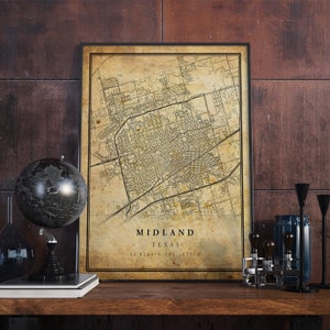 Midland Vintage Karte Poster Wandkunst | Kunstdruck | Antike, rustikale, alte Stil Wohnkultur | Texas druckt Geschenk | VM196