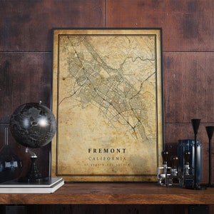 Póster de mapa vintage de Fremont, arte mural, impresión de arte urbano, decoración del hogar antigua, rústica y de estilo antiguo, impresiones de California, regalo, VM96