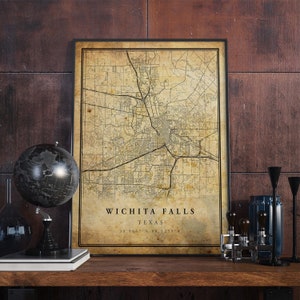 Póster de mapa vintage de Wichita Falls, arte mural, impresión de arte urbano, decoración del hogar antigua, rústica y de estilo antiguo, impresiones de Texas, regalo, VM288