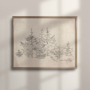 Minimalistische Weihnachtswandkunst, Neutrales Weihnachtsdekor, rustikale Kiefernbaum-Skizze, einfaches Bauernhaus-Weihnachten, Vintage Waldkunst, C16-29