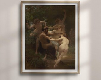 Nymphs and Satyr Print: Bouguereau Mythology Wall Art, Classical Figures in a Woodland Pool