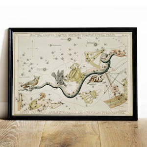 Könnte beinhalten: Gerahmter Vintage-Himmelskartendruck mit Sternbildern, Sternen und Tierkreiszeichen. Das Kunstwerk enthält Illustrationen von Fabelwesen und nautischen Elementen, vor einem cremefarbenen Hintergrund mit schwarzem Text und einem schwarzen Rahmen.