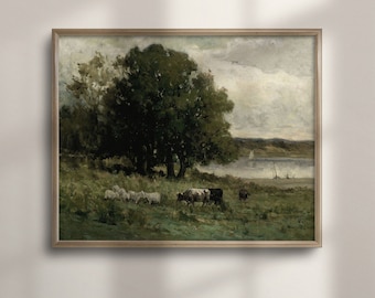 Rustic Meadow Landscape Painting: Vintage Farmhouse Wall Art