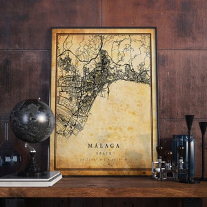 Málaga Vintage Map Poster Wall Art | City Artwork Print | Antique, rustic, old style Home Decor | Spain prints gift | M572