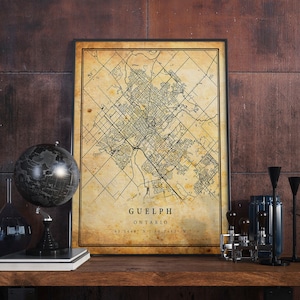 Guelph vintage Map Poster Wall Art | Impression d'œuvres d'art de la ville | Décoration d'intérieur antique, rustique et de style ancien | Cadeau d'impressions de l'Ontario | M346