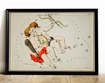 Gemini Zodiac Print: Antique Astrology Poster, Vintage Space Art