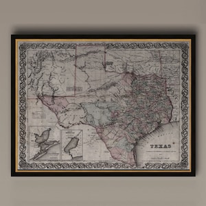 Texas kaart, vintage kaart van Texas, staatskaart, vintage kunst aan de muur, decor van het huis, ingelijste opties beschikbaar, circa 19e eeuw, AM66