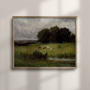 Vintage French Country Farmhouse Landscape Painting, Rustic Home Decor, Green Countryside Wall Art, C16-52