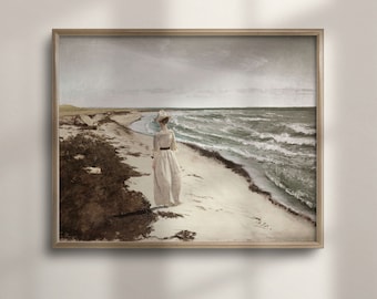 Vintage Beach Oil Painting: Muted Coastal Seascape Art Print
