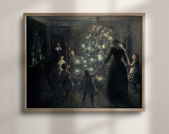 Antique Christmas Tree Painting: Vintage Holiday Wall Art