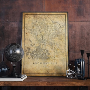 Póster de mapa vintage de Brownsville, arte mural, impresión de arte urbano, decoración del hogar antigua, rústica y de estilo antiguo, impresiones de Texas, regalo, VM132