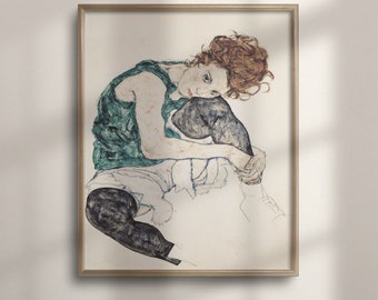 エゴン・シーレの版画：膝を曲げて座る女性、1917年 美術ポスター