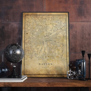Póster de mapa vintage de Dayton, arte mural, impresión de arte urbano, decoración del hogar antigua, rústica y de estilo antiguo, impresiones de Ohio, regalo, VM189