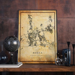 Mecca Vintage Map Poster Wall Art | City Artwork Print | Antique, rustic, old style Home Decor | Saudi Arabia prints gift | M681