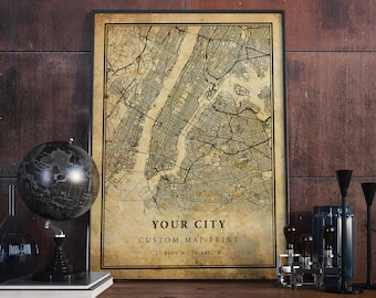 Aangepaste stadsplattegrond afdrukken, vintage stijl City Street Road Map Poster, elke stadsplattegrond, gepersonaliseerde kaart, maak uw eigen gepersonaliseerde kaart | #KOR