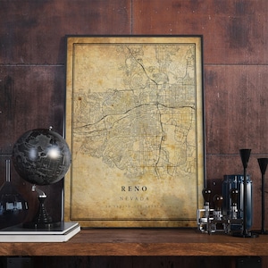 Reno vintage Map Poster Wall Art | Impression d'œuvres d'art de la ville | Décoration d'intérieur antique, rustique et de style ancien | Cadeau d'impressions du Nevada | VM87