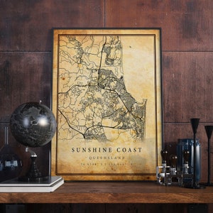 Sunshine Coast Vintage Map Poster Wall Art | City Artwork Print | Antique, rustic, old style Home Decor | Queensland prints gift | M418