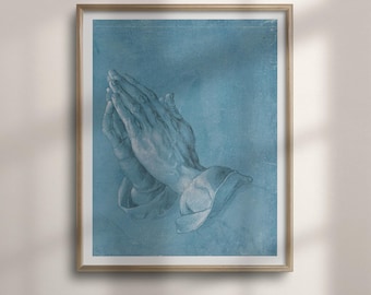 Praying Hands Print: Albrecht Dürer Religious Wall Art, Renaissance Drawing on a Blue Ground