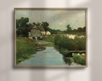 Antique River Landscape Print: Vintage Farmhouse Wall Art
